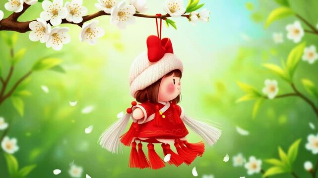 A charming doll with a red hat and scarf hanging from a cherry blossom branch