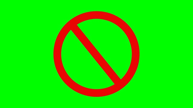 A thick red circle slides smoothly into the center of a vibrant neon green background, where a bold diagonal red line is suddenly drawn across it from top-left to bottom-right, forming a block symbol