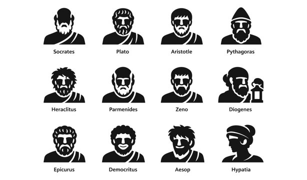 Ancient philosophers icons: socrates, plato, aristotle, pythagoras, heraclitus, diogenes