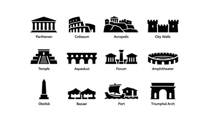 Icon set of ancient greek and roman structures: parthenon, colosseum, acropolis, more