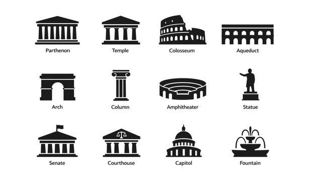 Ancient roman architecture icons featuring parthenon, colosseum, and more