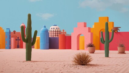 Colorful Desert Scene With Cacti and Buildings Under Sunny Sky in an Outdoor Setting