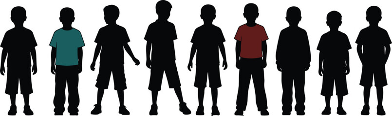 Boys silhouette collection, children standing poses, kids growth stages and casual clothing, black vector icons set, isolated on white background