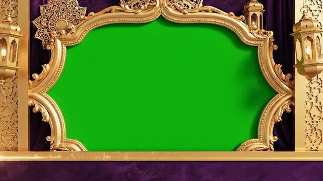 Elegant Golden Islamic Frame with Ornate Details and Green Screen for Customization, Set Against