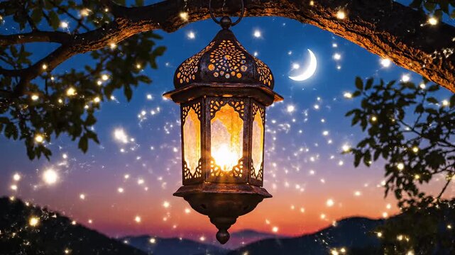 Beautiful Islamic Ramadan lantern hanging from a tree branch against a twilight sky with a crescent