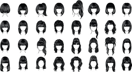 Collection of women hairstyle silhouettes, black vector hair icons showing bangs, ponytails, buns, curls, short and long styles illustration