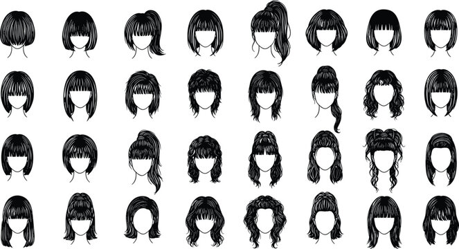 Collection of women hairstyle silhouettes, black vector hair icons showing bangs, ponytails, buns, curls, short and long styles illustration