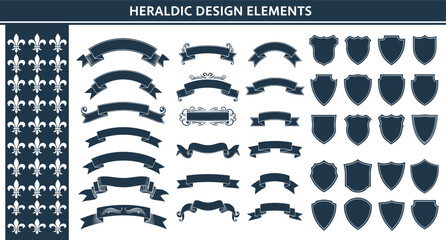 Heraldic Design Elements Collection, Vintage Shields, Ribbons, Banners and Fleur de Lis Icons Vector Set for Crest Logo and Coat of Arms © Itz Nur