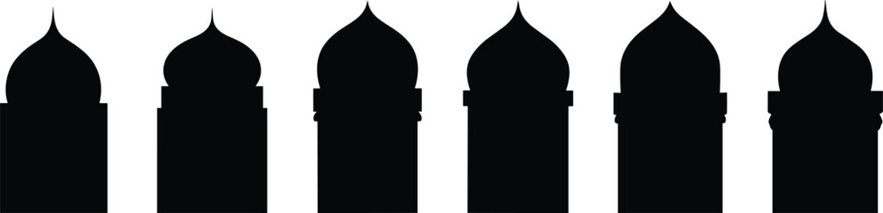 Islamic mosque dome silhouette set with traditional Arabic architecture elements, black flat vector illustration collection