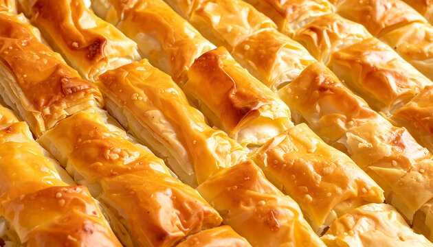 Delicious golden borek pastries arranged in rows, showcasing their crispy texture and mouthwatering appeal