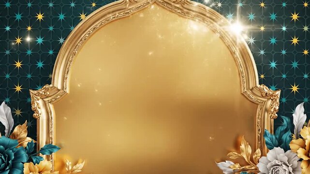 Elegant Golden Archway with Teal and Gold Flowers and Shimmering Lights on Geometric Patterned