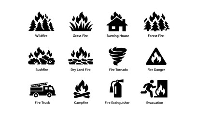 Naklejka premium Fire safety icons: wildfire, grass fire, burning house, tornado, evacuation