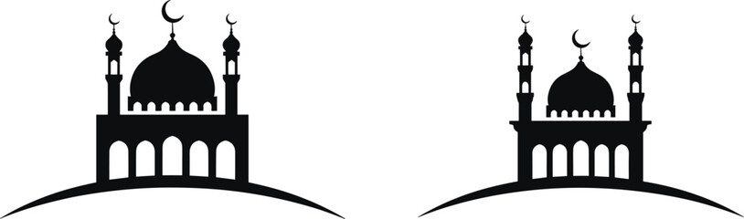 Islamic mosque silhouette set with domes and minarets crescent symbols, black Ramadan flat vector illustration collection © Creative Soul