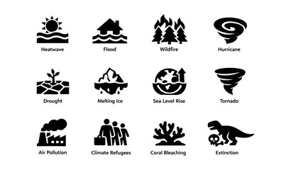 Naklejka premium Climate change icons: heatwave, flood, wildfire, hurricane, drought, melting ice, sea level rise, tornado