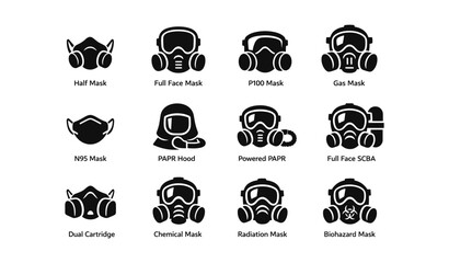 Types of respiratory protective masks: icons of various designs and uses