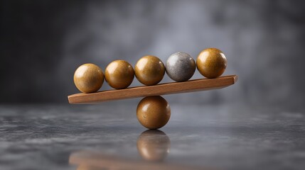 Wooden plank balanced on a sphere with five spheres of varying colors on top illustrating concepts of balance and imbalance
