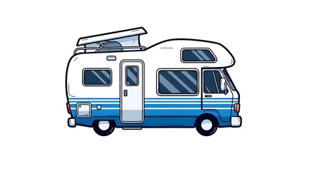 Illustrated vintage style travel camper van with blue stripes and open door