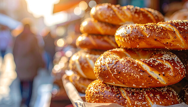 Close-up of freshly baked Turkish simit bread topped with sesame seeds, a popular street food enjoyed in the morning