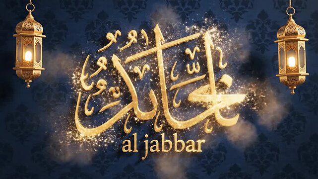 Golden Islamic Calligraphy 'Al Jabbar' with Intricate Lanterns Hanging on a Dark Blue Damask