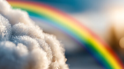 Fototapeta premium A close-up view of fluffy clouds with a vibrant rainbow in the background, showcasing nature's beauty and serenity.