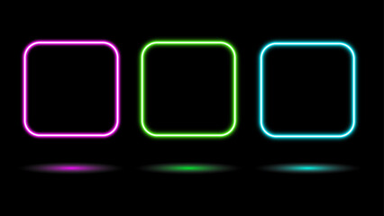 Gradient neon square frames set. Glowing borders isolated on a dark background.