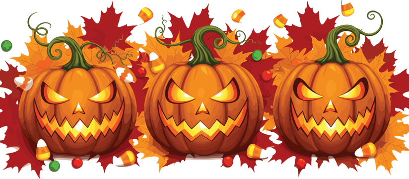 Halloween pumpkin vector illustration, carved jack-o&rsquo;-lanterns with autumn leaves and candy representing festive holiday themes - flat vector illustration