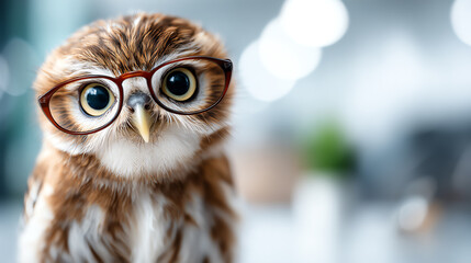 Fototapeta premium A cute, intelligent owl wearing glasses, showcasing a whimsical and charming look in a soft blurred background.