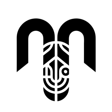 A black and white logo of a rams head with curved horns