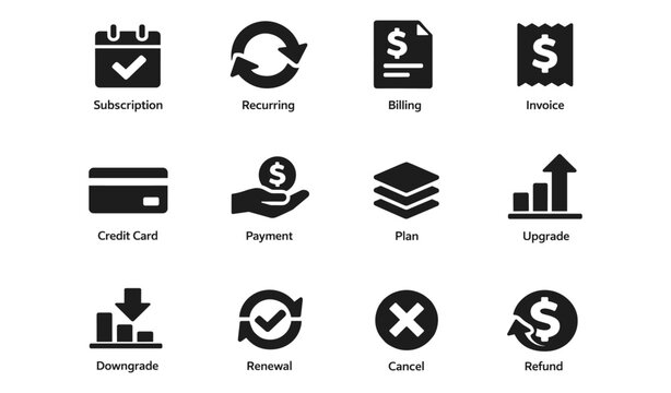 Subscription and payment icons: recurring, billing, invoice, upgrade, downgrade