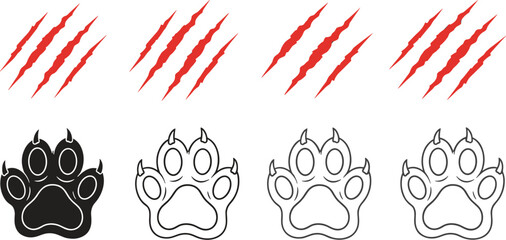 Animal paw prints and claw scratch marks set with bear or cat footprint outline vector illustration collection © Kharshad Creative
