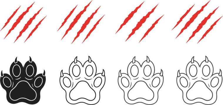 Animal paw prints and claw scratch marks set with bear or cat footprint outline vector illustration collection