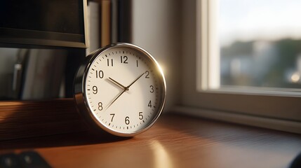 Naklejka premium Close up of a classic analog clock on a wooden desk bathed in warm morning sunlight near a window