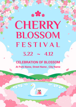 Cherry blossom festival poster vector design. Celebrate the blooming cherry blossoms at the lake.