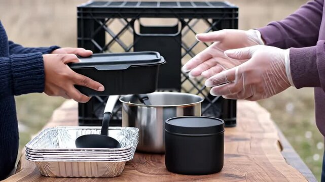 Hands in protective gloves pass a food container to another person, serving meals outdoors at