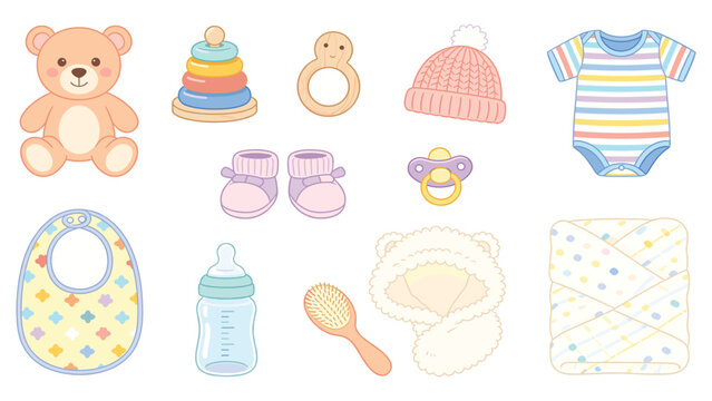 Cute Baby Stickers with Toys, Clothes, and Accessories in Playful Collection Featuring Teddy Bear, Pacifier, and Blanket on Clean Background