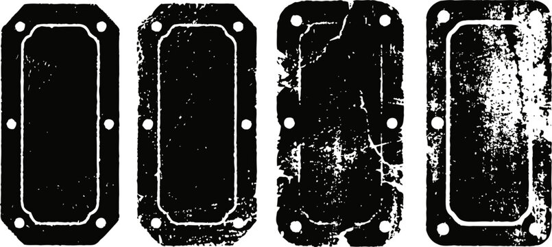 worn metal nameplates with rust and distressed textures, industrial vintage hardware design elements