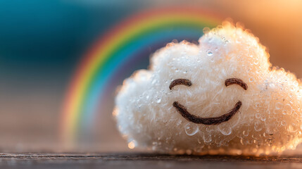 Fototapeta premium A whimsical cloud with a smile, adorned with raindrops, set against a vibrant rainbow, capturing a joyful moment in nature.