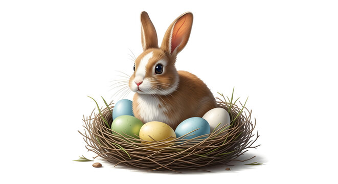 Easter bunny sitting in nest with colorful eggs on easter sunday morning