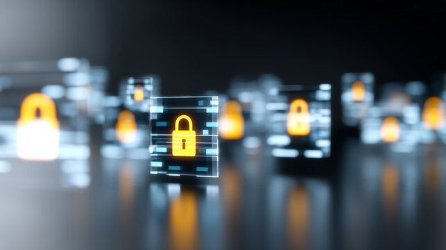 Digital padlock icons in data blocks symbolizing cybersecurity protection, privacy safeguards, and secure information systems.
