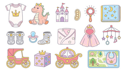 Vibrant Whimsical Cartoon Collection Featuring Onesie, Dragon, Castle, Mobile, Train, Gift, Carriage _2072436596.eps