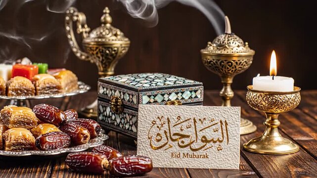 Eid Mubarak Celebration: Dates, Baklava, Incense Burner, Candle, and Decorative Box on Wooden Table
