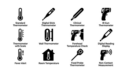 Fototapeta premium Types of thermometers: digital, clinical, ir gun, wall, food probe