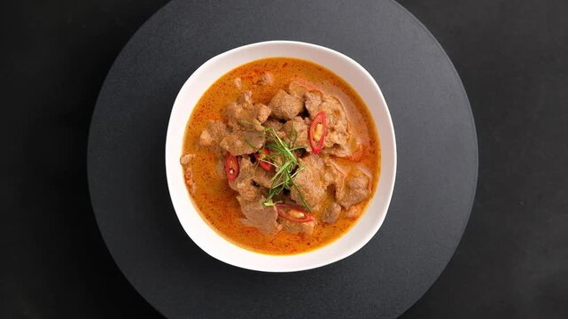 Panaeng Curry with beef.Sliced beef Meat in red curry paste and coconut milk,topping with Shredded kaffir lime leaves.Thai style food.Top view.