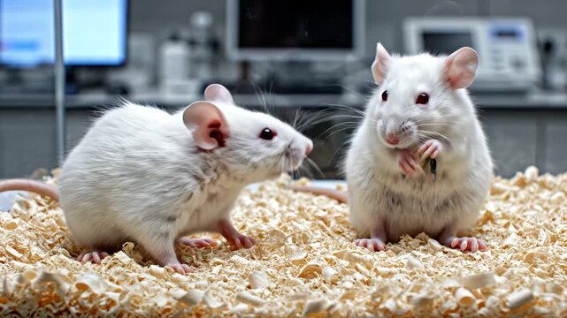 Two white mice in a lab setting