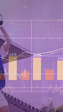 Vertical video: Woman player reaching ball, doing throw-in to restart play, sports charts updating