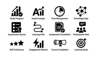 Study progress and learning metrics icons for education and assessment