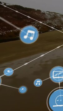 Vertical video: UI dot popping, AR layer growing, icons spreading and linking to map media on beach