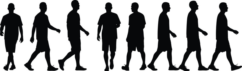 Walking man silhouettes sequence, male human walking poses, black vector illustration of movement, lifestyle, progress, and daily activity