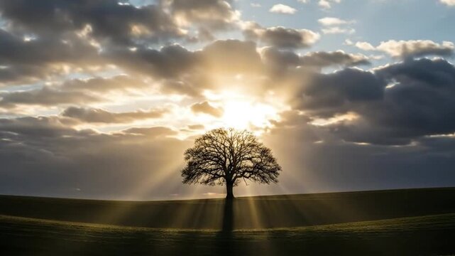 Solitary tree silhouette against dramatic sunbeams breaking through clouds at sunrise