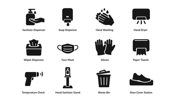 Essential hygiene icons: dispensers, masks, gloves, temperature check, waste bin